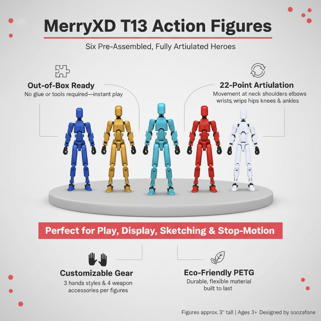 MerryXD 6 Pack Assembly Completed T13 Action Figure,Titan 13 Action Figure Dummy 13 Action Figure Lucky 13 Action Figure 3D Printed Multi-Jointed Movable, Nova 13 Action Figure Toy